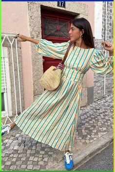 Long Striped Dress, Backless Long Dress, Street Dress, Streetwear Mode, Lantern Sleeve Dress, Dress Women Elegant, Linen Midi Dress, England Fashion, Casual Stripes