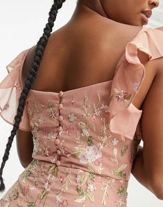 ASOS DESIGN Petite Bridesmaid cami embellished maxi dress with embroidery in rose | ASOS Dress With Embroidery, Embellished Maxi Dress, Neck Embroidery, Petite Dress, Asos Petite, Rose Shop, Design Square, Petite Dresses, Embroidery Details