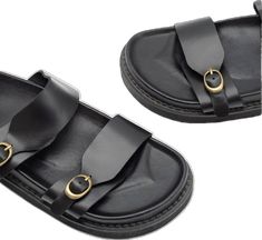 Classic Black Sandals With Adjustable Strap, Classic Beach Sandals With Adjustable Strap, Classic Sandals With Adjustable Strap For Beach, Black Leather Toe Loop Footbed Sandals, Classic Leather Footbed Sandals With Adjustable Fit, Classic Adjustable Leather Footbed Sandals, Leather Mules With Buckle Closure For Beach, Summer Leather Footbed Sandals With Leather Strap, Classic Leather Footbed Sandals For Vacation