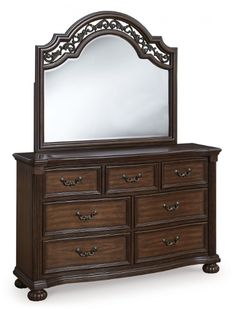 a dresser with a mirror on top of it and drawers in front of the drawer