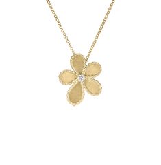 Roberto Coin Yellow Gold Flower Necklace with Diamond Elegant Yellow Gold Flower Pendant Necklace, Diamond Pendant With Flower Charm, Yellow Gold Flower-shaped Diamond Necklace For Anniversary, Yellow Gold Diamond Necklace In Flower Shape For Anniversary, Yellow Gold Flower Pendant Necklace With Diamond Cut, Anniversary Diamond Necklace With Flower Pendant, Luxury Flower Pendant Necklace With Flower Charm, Fine Jewelry Yellow Gold Diamond Flower Pendant Necklace, Yellow Gold Diamond Flower Pendant Jewelry