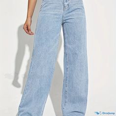 Orcajump - Blue Loose Fit Straight Jeans, Slant Pockets Non-Stretch Washed Wide Legs Jeans, Women's Denim Jeans & Clothing Wide Legs Jeans, Women's Denim Jeans, Women Denim Jeans, Wide Legs, Jean Outfits, Straight Jeans, Denim Jeans, Wide Leg, Loose Fitting