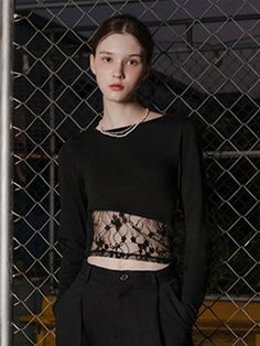 Composition : Shell:cotton 57.6%, modal 38.4%, span 4% Lining: nylon 95%, span 5%Country of Origin : KOREA Crew Neck Top For Spring Night Out, Crew Neck Tops For Night Out In Spring, Black Asymmetrical Hem Top For Spring, Edgy Stretch Mesh Top For Spring, Asymmetrical Stretch Top For Night Out, Edgy Top With Asymmetrical Hem For Spring, Spring Tops With Stretch And Asymmetrical Hem, Stretch Asymmetrical Top For Night Out, Edgy Tops With Asymmetrical Hem For Spring