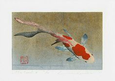 a painting of a fish with red and white colors on it's body, flying in the air