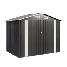 a black and white shed on a white background