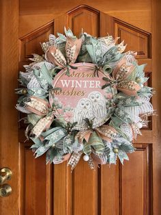 a wreath on the front door that says winter wishes