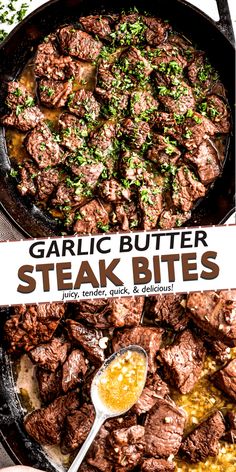 steak bites are being cooked in a cast iron skillet with garlic butter on top