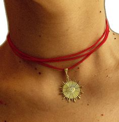 Bow Choker, Necklace Sun, String Necklace, Sun Pendant, Red String, Necklace Red, Beaded Necklaces, Necklace Etsy, Choker