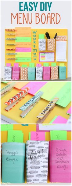 several different types of sticky notes are displayed on a table with the words easy diy menu