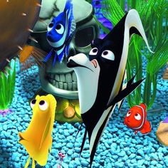 an animated movie scene with fish and skulls in the water, surrounded by other sea creatures