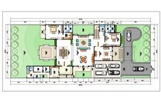 the floor plan for a house with two floors and three car parking spaces on each side