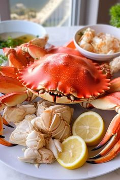 a white plate topped with lots of crab next to lemon wedges and broccoli