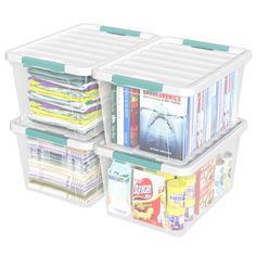 three plastic storage containers filled with books and magazines