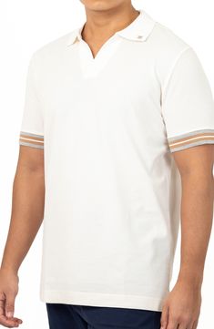 A retro-inspired Johnny collar lends trend-right style to this pure-cotton polo shirt with peeks of contrasting trim. Johnny collar Short sleeves 100% cotton Machine wash, dry flat Made in Turkey Model stats: 6'1" height, 32" waist. Model is wearing size Medium. Casual Short Sleeve Polo Shirt With Striped Cuffs, White Cotton Polo Shirt With Striped Collar, White Casual Polo Shirt With Contrast Collar, Casual White Polo Shirt With Contrast Collar, Cotton Polo Shirt With Striped Cuffs, Cotton T-shirt With Polo Contrast Collar, Casual Collared Polo Shirt With Striped Cuffs, White Cotton Polo Shirt With Ribbed Collar, White Casual Polo Shirt With Striped Collar