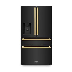 a black refrigerator freezer with gold trimmings and an ice maker on top