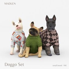 three dogs wearing sweaters and standing next to each other on a white background with the caption doggo set