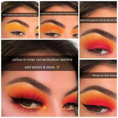 Red Yellow Eyeshadow, Orange And Red Eyeshadow Looks, November Makeup, Sunrise Makeup, Egyptian Eye Makeup, Orange Eyeshadow Looks, Halloween Eyeshadow, Iconic Makeup, Orange Eye Makeup