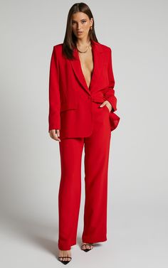 Bonnie Pants - High Waisted Tailored Wide Leg Pants in Red | Showpo USA Red Pant Suit Outfit, Red Oversized Blazer Outfit, Red Business Outfit, Full Red Outfit, Red Suits For Women, Red High Waisted Pants, Making Pants, Red Dress Pants, High Waisted Pants Outfit