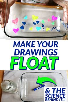 the instructions for how to make your drawings float in a glass bottle with water and paper hearts on it