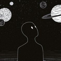 a man standing in the water with planets around him and his head tilted to the ground