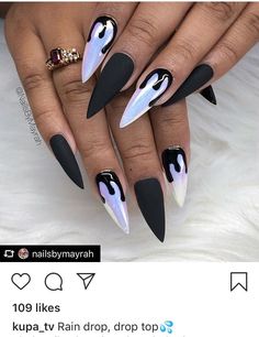 Goth Nails Halloween, Almond Nails Goth Designs, Scary Acrylic Nails, Oval Nails Halloween, Dark Summer Nail Ideas, Gothic Coffin Nail Ideas, Short Stiletto Halloween Nails, Goth Punk Nails, Theme Nails Designs