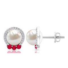 Freshwater Pearl and Ruby Stud Earrings with Diamond Halo Freshwater Pearl - ( AAA ) - Quality - Rosec Jewels Ruby Stud Earrings, Ruby Earrings Studs, Freshwater Pearls Earrings, Party Look, Pearl Stud Earrings, Diamond Halo, Pearl Studs, Diamond Studs, Halo Diamond