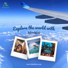 an airplane flying over the ocean with pictures on it's side and below that reads explore the world with meeshin