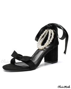 Olivia Mark - Elegant Pearl Ribbon Peep Toe Sandals featuring Sophisticated Bow Detail and Sturdy Chunky Heels Grad Heels, Prom Shoes Black, Heels And Bags, Senior Hoco, Classy Heels, Pearl Ribbon, Clear High Heels, Black Chunky Heels, Short Heels