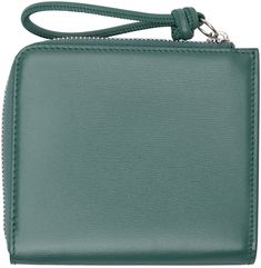 Grained calfskin wallet in green. · Logo stamp at face · Knotted wristlet zip-pull · Zip closure · Six card slots · Central note slot · Grained sheepskin lining · H3.75 x W4.5 x D0.75 Supplier color: Laguna Green Leather Wallet With Zipper Closure, Green Leather Wallets With Zipper Closure, Luxury Green Wallets With Rfid Blocking, Luxury Green Wallet With Rfid Blocking, Green Logo, Logo Stamp, Jil Sander, Sanders, Card Slots