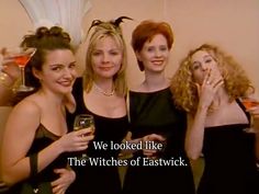 three women in black dresses holding wine glasses and posing for a photo with the caption, we looked like the witches of eastwick