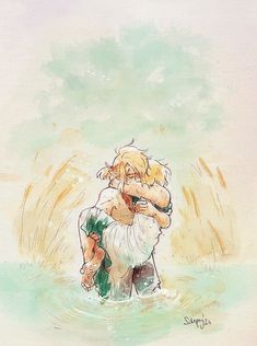 a drawing of two people hugging in the water