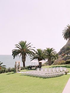 an outdoor ceremony set up with chairs and palm trees in the foreground, overlooking the ocean