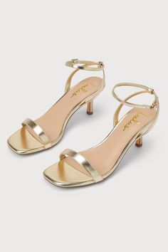 Stay comfortable and chic all through the day (and even into the evening) with the Lulus Ensley Gold Kitten Heel Ankle Strap Sandals! Shiny and smooth faux leather shapes these eye-catching heels that feature a single sole silhouette, a square toe bed, and a slender toe strap. Matching straps sprout from the sides to wrap and secure around the ankle with a gold buckle, all atop a super cute kitten heel! 2. 75" kitten heel. Cushioned insole. Rubber sole has nonskid markings. All Man Made Material Golden Short Heels, Prom Kitten Heels, Light Gold Heels, Short Gold Heels, Cute Short Heels, Gold Low Heels, One Inch Heels, Bama Rush