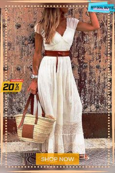 Women's Long Lace Stitching Elegant Dress Long Skirt White Non-stretch Maxi Dress For Day Out, Casual Fitted White Boho Dress, White Fitted Casual Boho Dress, White Fitted Boho Dress Casual Style, Fitted White Boho Casual Dress, Estilo Hippie, Evening Dresses With Sleeves, Short Sleeve Maxi Dresses, Maxi Robes