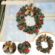 a christmas wreath with red berries and pine cones is hanging on a window sill