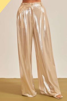 Silky satin pants are cut with neat pleats and handy pockets for a look that's easy to style up or down. • Front Zipper/Buttons• Pleated Details• Side Pockets• Belt Loops• Wide Leg Metallic Trousers, Metallic Pants, Shiny Pants, Fashion Design Collection, Satin Trousers, Satin Pants, Metallic Dress, Gold Dress, Tee Dress