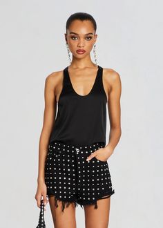 silk top, black top, black tank, silk tank top, silk tank, summer top, spring top, spring tank, summer tank, silk outfit, festival outfit, festival outfit inspo, coachella outfit, coachella outfit inspo, festival outfit ideas, coachella outfit ideas, festival top, coachella top, spring outfits, 2024 spring fashion, spring summer fashion, night out fashion, night out outfit, birthday outfit, summer outfit, spring outfit, party outfit, casual outfit, celebrity style, kendall jenner style Chic Stretch Tank Blouse, Chic Viscose V-neck Tank Top, Sleek Scoop Neck Top For Night Out, Chic Spring Tank Top, Elegant Scoop Neck Tank Top, Chic Scoop Neck Tank Top For Layering, Sleek Viscose Top For Night Out, Chic Fitted Camisole For Night Out, Chic Fitted Top Camisole For Night Out