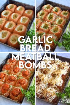 Garlic Bread Meatball Bombs are hollowed out dinner rolls which have been liberally smeared with homemade garlic butter. Each roll is stuffed with a meatball and sauce, then topped with cheese. Baked to a bubbling, gooey perfection, these bombs are the bomb! #meatballs #sliders #dinnerrollrecipes #bombs #meatballrecipes #familyrecipes #garlicbread Garlic Bread Meatball, Breaded Meatballs, Homemade Garlic Butter, Meatball Recipes Easy, Cheese Baked, Football Food, The Bomb, Dinner Rolls, Garlic Butter