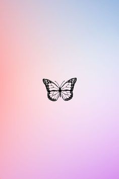 a black and white butterfly flying in the sky over a pink, blue, and purple background