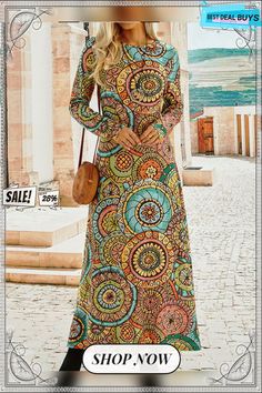 Ethnic Printed Long Sleeve Crew Neck Casual Dress Bohemian Maxi Dress With Geometric Pattern For Spring, Bohemian Geometric Patterned Dresses, Casual Long Sleeve Maxi Dress With Colorful Pattern, Bohemian Patterned Maxi Dress For Fall, Bohemian Long Sleeve Multicolor Print Dress, Casual Long Sleeve Maxi Dress With Vibrant Print, Casual Long Sleeve Maxi Dress With Abstract Print, Printed Multicolor Boho Dress For Fall, Multicolor Printed Maxi Dress With Long Sleeves