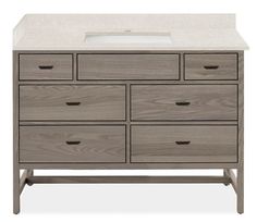 an image of a bathroom vanity with drawers and a white counter top in grey wood