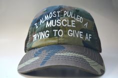 I Almost Pulled A Muscle Trying To Give AF distressed truckers hat Funny saying cap women's Unisex Cap Funny Gift Friend Gym Hat Fitness ⇝ IF YOU WOULD LIKE TO GET THE SAYING IN MULTIPLE COLORS PLEASE LEAVE A NOTE AT CHECKOUT. Low Profile Special Cotton Mesh Trucker Caps 6-panel, front/cotton, and back/mesh. Bill measures 3 inches long, pre curved and frayed. ONE SIZE fits most with adjustable velcro strap closure, fitting up to XL. Please NOTE : I'm sorry but due to the personalized nature of t Distressed Trucker Baseball Cap For Outdoor, Distressed Trucker Hat With Curved Brim, Distressed Trucker Baseball Cap, Distressed Trucker Snapback Hat, Distressed Snapback Trucker Hat, Outdoor Distressed Trucker Hat, Distressed Trucker Hat For Outdoor, Gym Hat, Flat Bill Hats