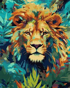 a painting of a lion surrounded by leaves