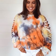 Crew Neck Sweatshirt With Cut Out Sleeve Detailing, Super Trendy! Orange Mix Tie Dye Tie-dye Top For Loungewear In Fall, Tie Dye Top For Loungewear In Fall, Spring Orange Crew Neck Sweatshirt, Trendy Orange Sweatshirt For Spring, Trendy Orange Relaxed Fit Sweatshirt, Orange Loungewear Top For Spring, Orange Spring Loungewear Top, Light Pink Sweaters, Red Knit Sweater