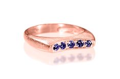 "Rose Gold Vintage style solid gold delicate ring embellished with 5 beautiful Sapphire gemstone set in this moon shape ring. This ring is a unique engagement ring and will look phenomenal on your finger. This amazing solid rose gold ring features 5 beautiful 0.25 natural untethered blue Sapphire carefully embellished in a straight line on this amazing moon shape gold ring. Authentically handcrafted using Milgrain detailing and a scratched matte finish which adds a romantic and vintage style to Gold And Emerald Ring, Multi Stone Engagement Ring, Sapphire Engagement Ring Rose Gold, Red Gemstone Ring, Gold Initial Pendant, Engagement Ring Rose Gold, Vintage Style Rings, Ruby Engagement Ring, Sapphire Engagement Ring