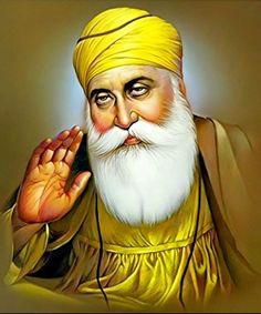 an old man with white beard and yellow turban holding his hand up to the side