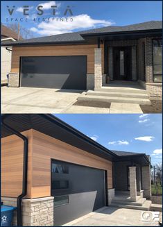 before and after photos of a modern house with wood siding on the front, and in the back