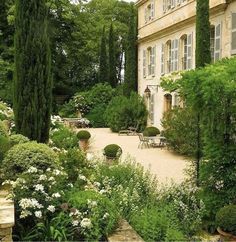 an outdoor garden area with potted plants and flowers in front of a large house