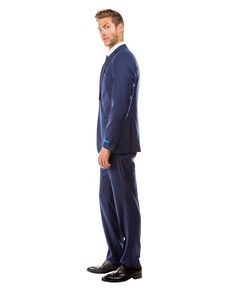 Looking for a sleek and stylish suit that will make you stand out from the rest? Look no further than our Dark Blue Pinstripe Hybrid Fit 3 Piece Suit. This sharp looking suit comes with a 2 button closure and notch lapel, and is tailored to provide a comfortable and flattering fit. The vest is constructed with a U-neck shape that gives it a modern twist, and the dark blue pinstripe pattern provides a classic look that will never go out of style. Whether you're wearing it for a big meeting or spe Blue Slim Fit Three-piece Suit For Business, Blue Three-piece Suit With Welt Pockets For Work, Semi-formal Fitted Pinstripe Three-piece Suit, Blue Three-piece Suit With Single Button, Blue Pinstripe Suit, Classic Blue Three-piece Suit With Hidden Button Closure, Stylish Suit, Pinstripe Suit, U Neck