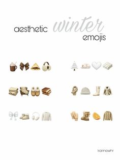 an advertisement for winter emojis with various items in white and brown colors on the front